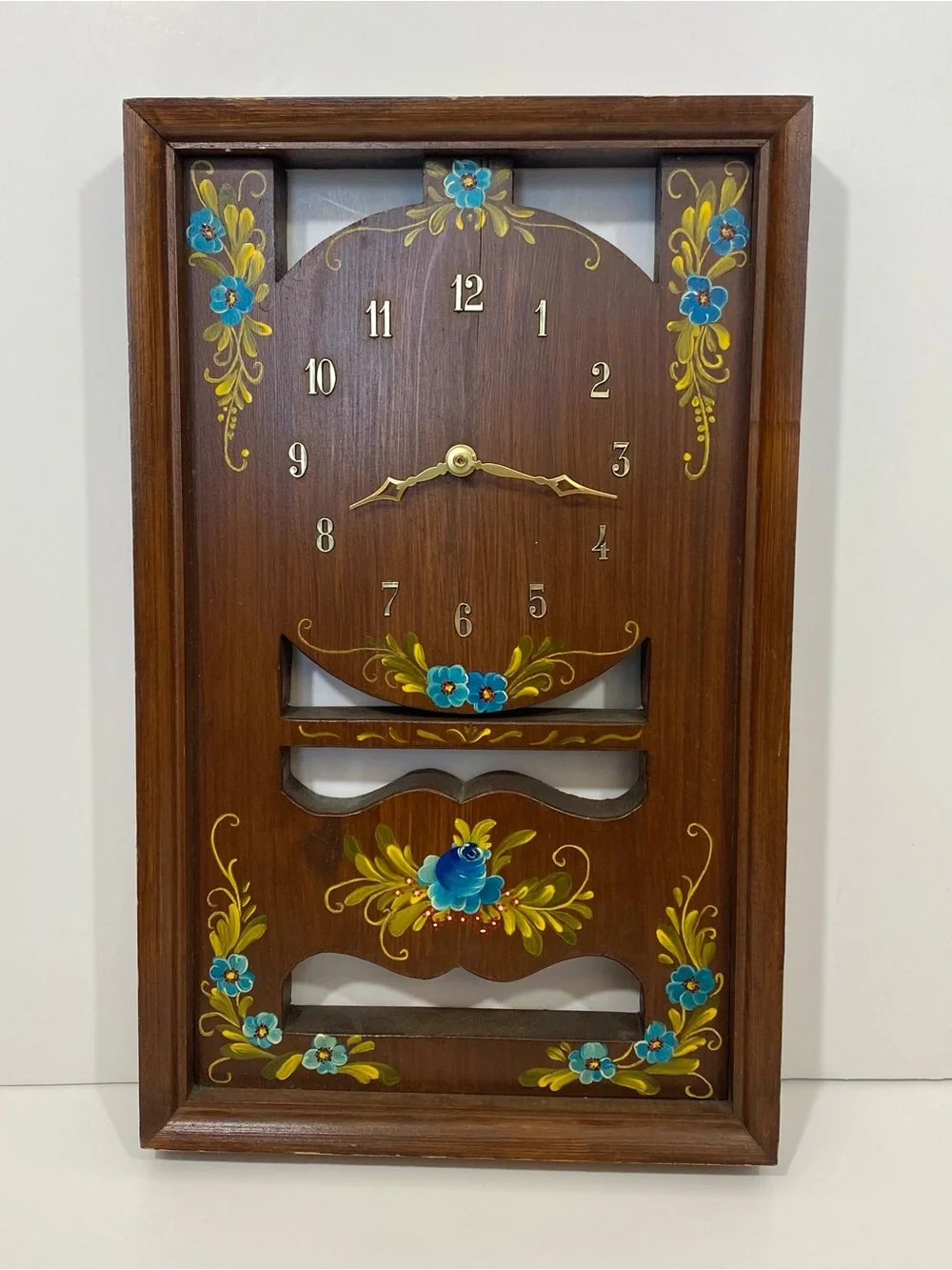 Hand-Painted Scandinavian Wooden Wall Clock with Blue Floral Design